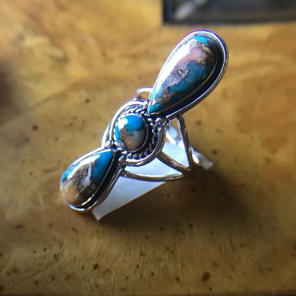 Spiny Turquoise Sterling Silver Ring Size 7 - Picture 3 of 8